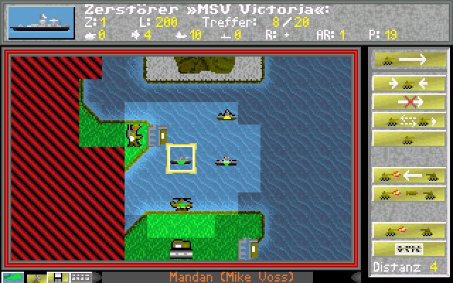 A small Mandan taskforce (green) scouts the shallow waters of an Nepesky island (white) when an unexpected visitor breaks from the Fog of War: A Loneck torpedo boat (yellow), posing a significant threat to our cruiser, the fleet spearhead's capital ship, whose captain now has to quickly set up countermeasures.